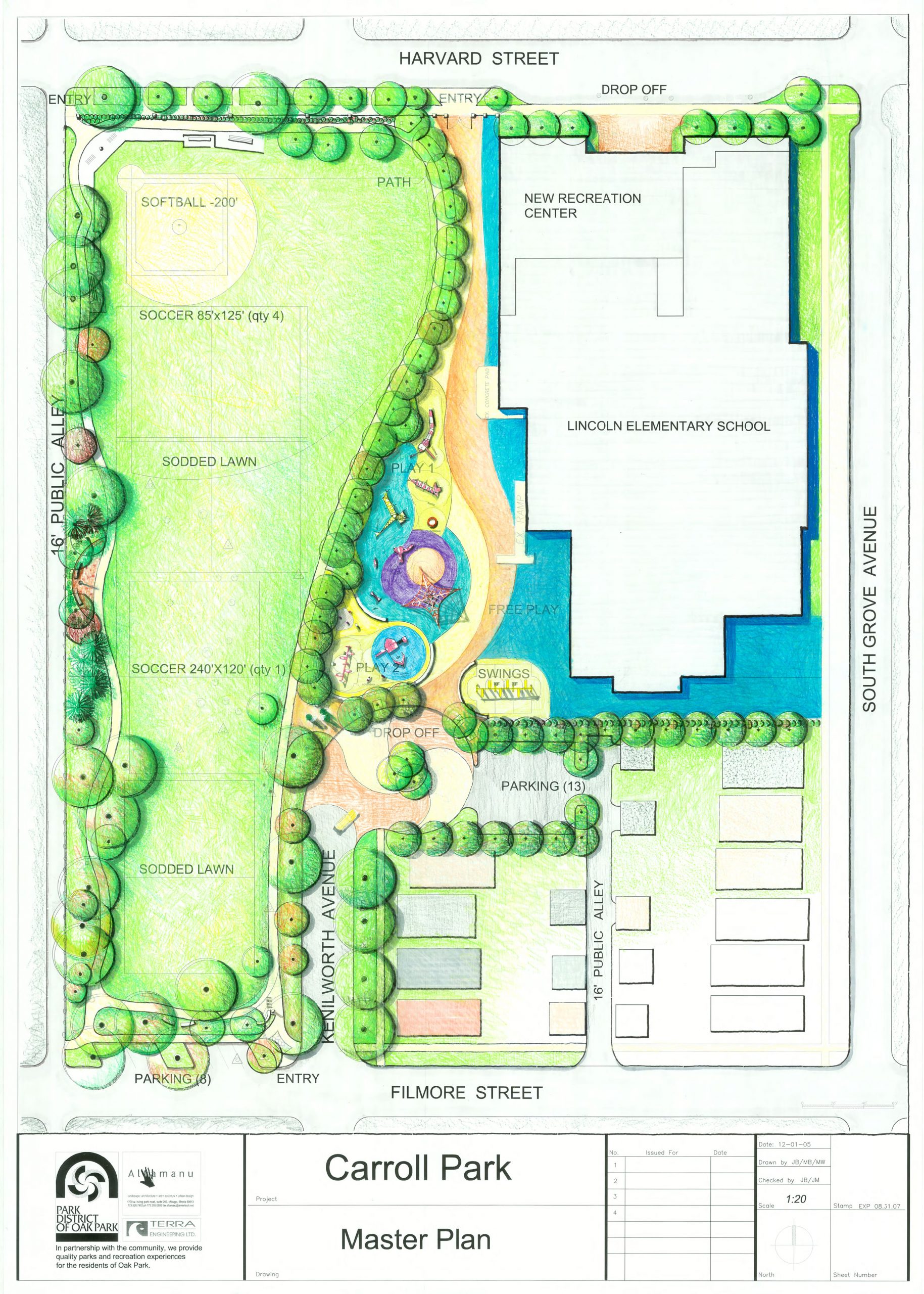 Master plan for Carroll Park showing layout of recreational facilities, including a softball field, soccer fields,