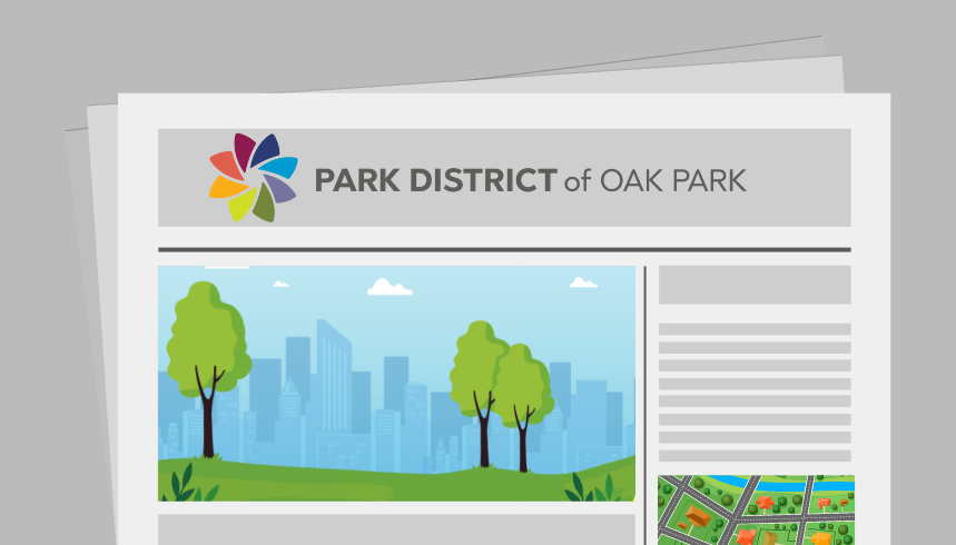 Park District of Oak Park logo and illustration of a city skyline with trees and grass.