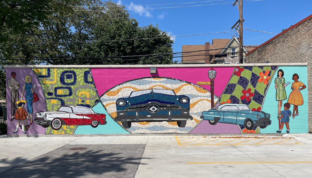 motor row mosaic on parking lot wall