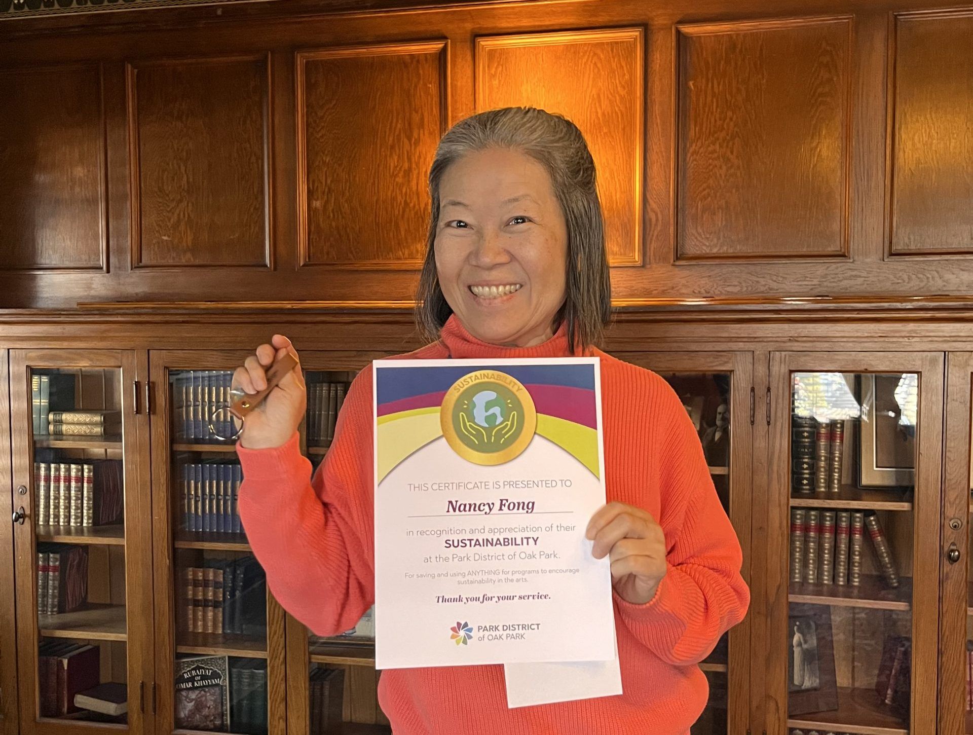 nancy fong holds sustainability certificate