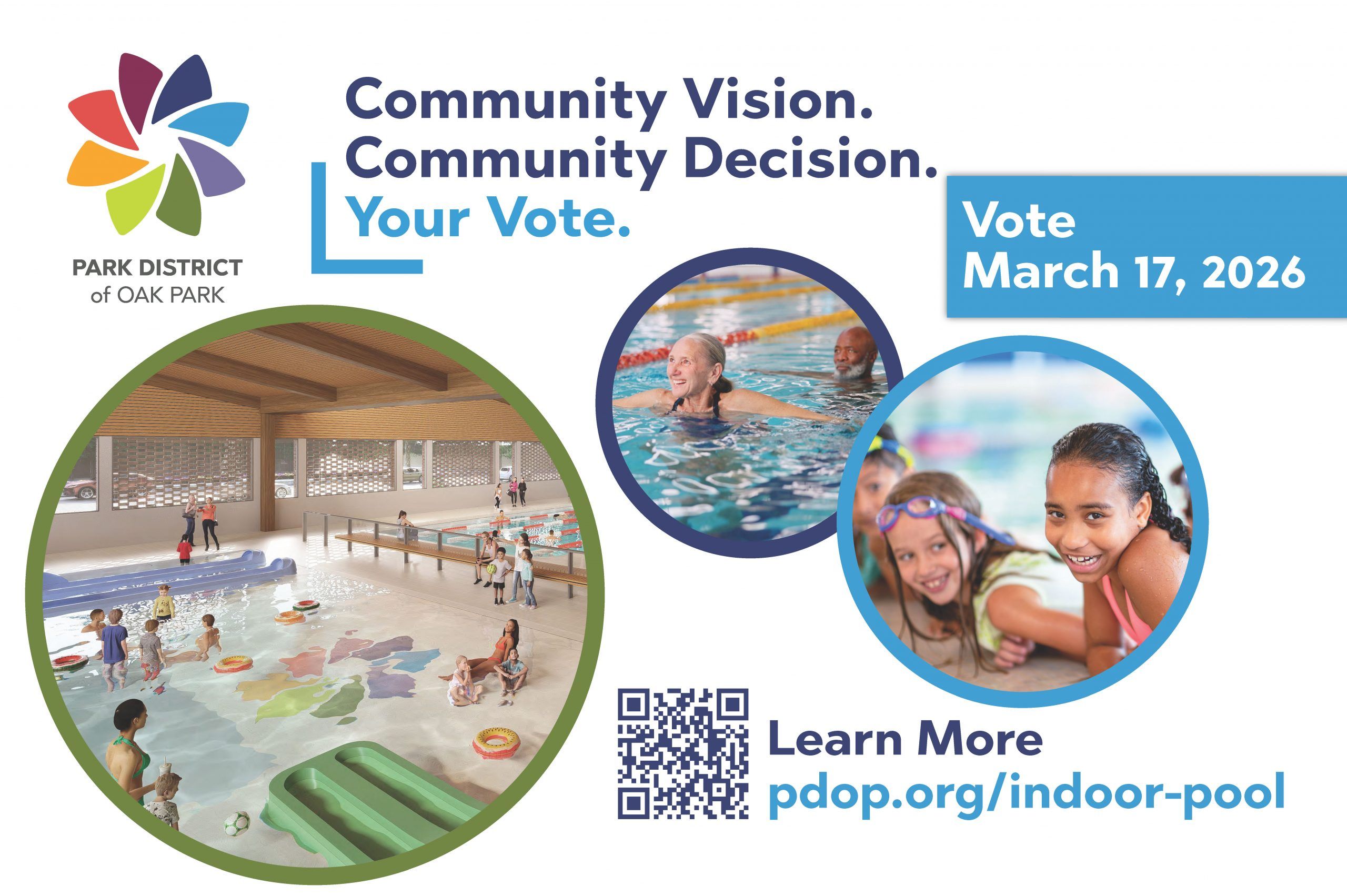 Sign states Community Vision, Community Decision, Your Vote. Vote March 17, 2026. Shows images of a mocked up pool with slides, and people smiling in the water.