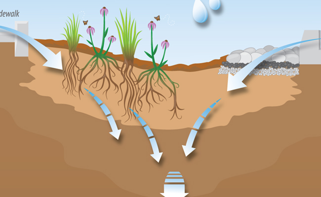 Diagram showing how a bioswale filters water. Water flows from a sidewalk, through plants and soil, and into the ground.