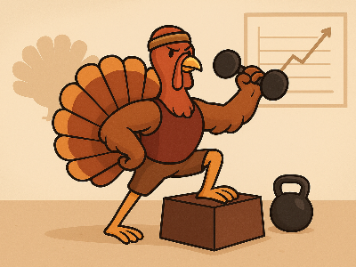 A cartoon turkey wearing a headband and athletic wear performs a step-up exercise with dumbbells, with a graph showing