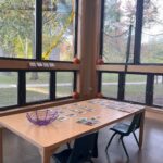Table with cards and a purple spiderweb bowl, surrounded by pumpkins and Halloween decorations near a window.