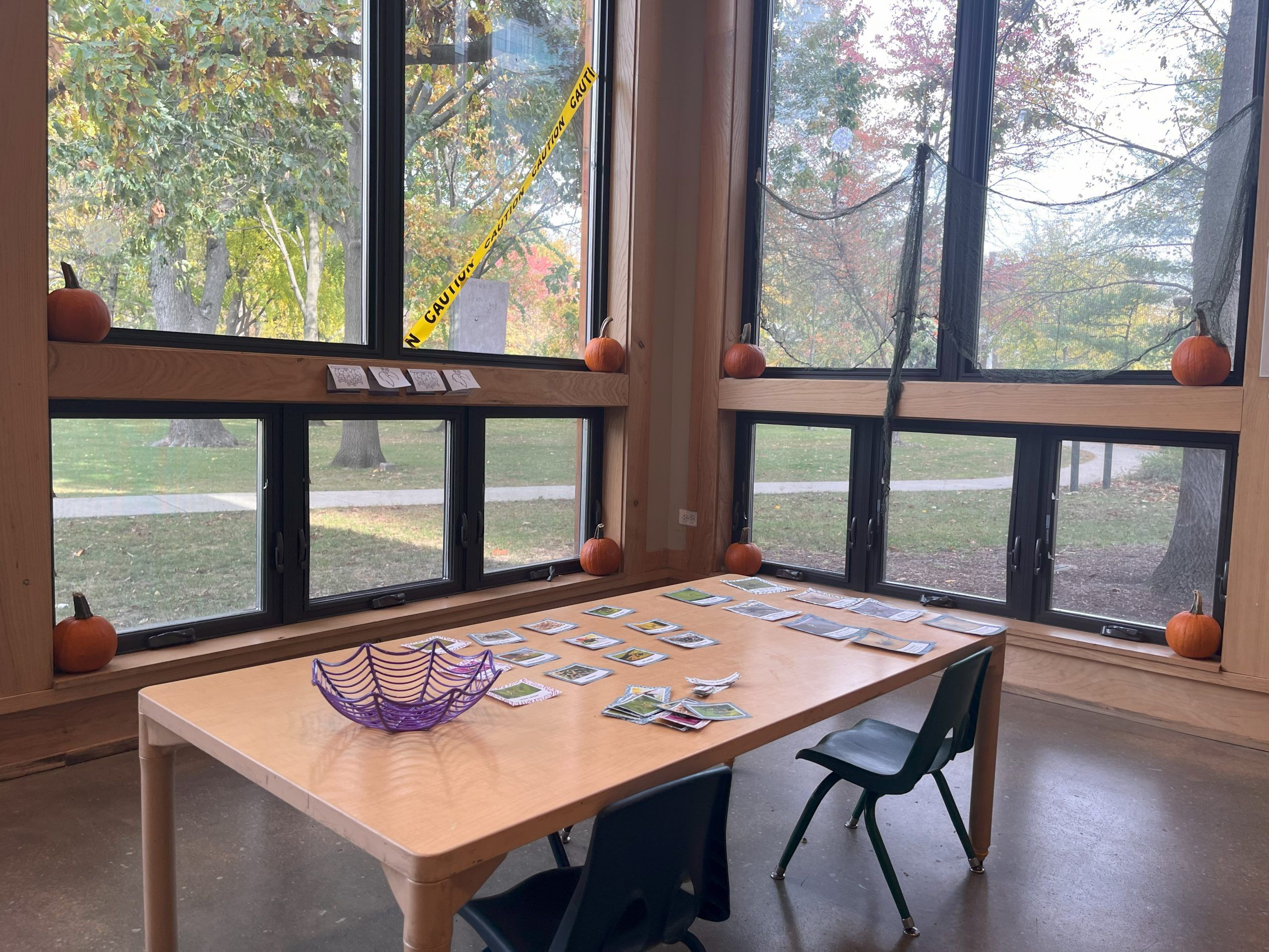 Table with cards and a purple spiderweb bowl, surrounded by pumpkins and Halloween decorations near a window.