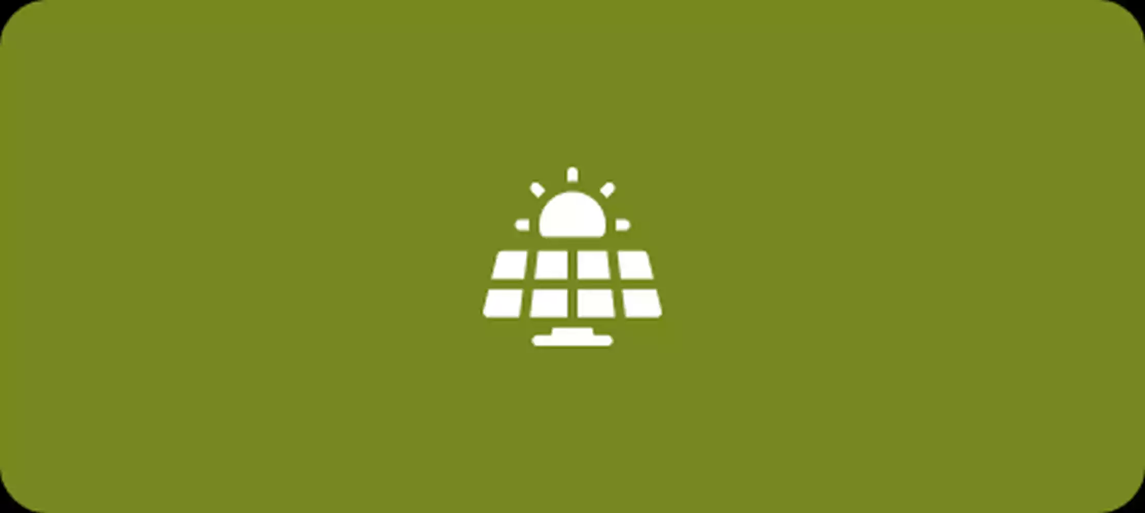 White icon of a solar panel with a sun above it, on a green background.