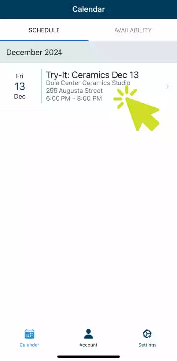 A cursor hovers over a calendar event for "Try-It: Ceramics Dec 13" at Dole Center Ceramics Studio.