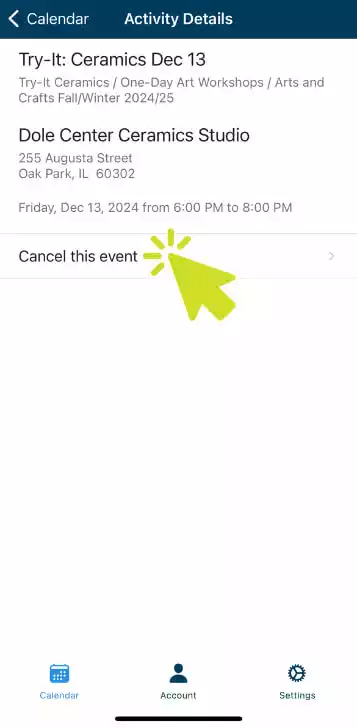 A cursor hovers over the 'Cancel this event' button on an activity details screen.