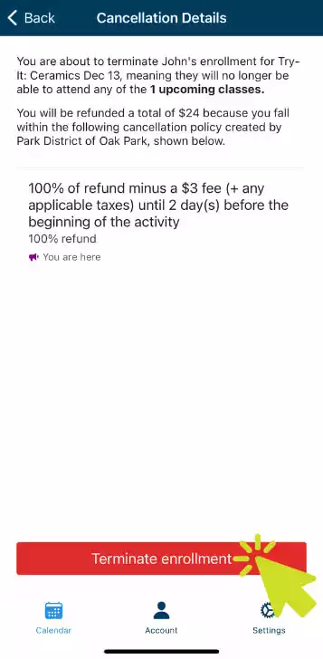 A cursor highlights the 'Terminate enrollment' button on a cancellation details screen in the Amilia app.