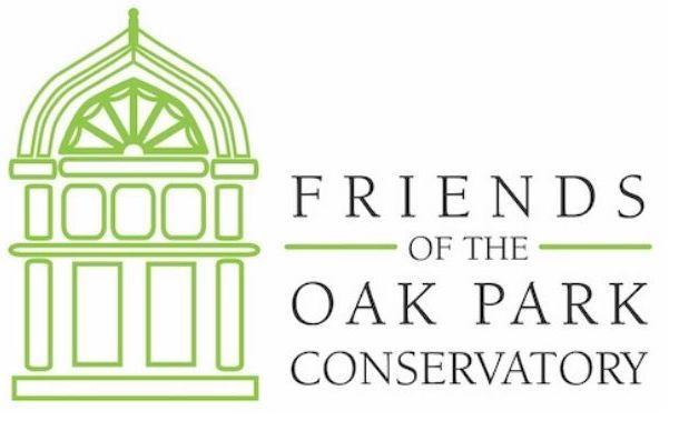 Logo for Friends of the Oak Park Conservatory, featuring a green outline of a building facade and the organization's name.
