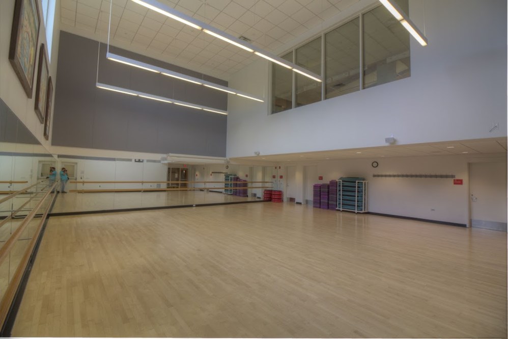 room with tall ceilings and wood floor, mirrors on the two of the surrounding walls