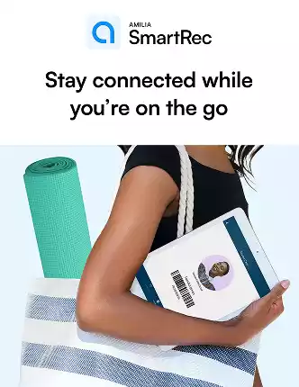 Amilia SmartRec app on a tablet held by a person with a yoga mat in a tote bag.