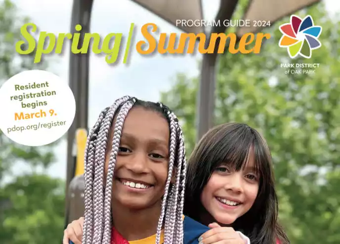 Park District of Oak Park Spring/Summer 2024 Program Guide cover featuring two smiling children and registration information.