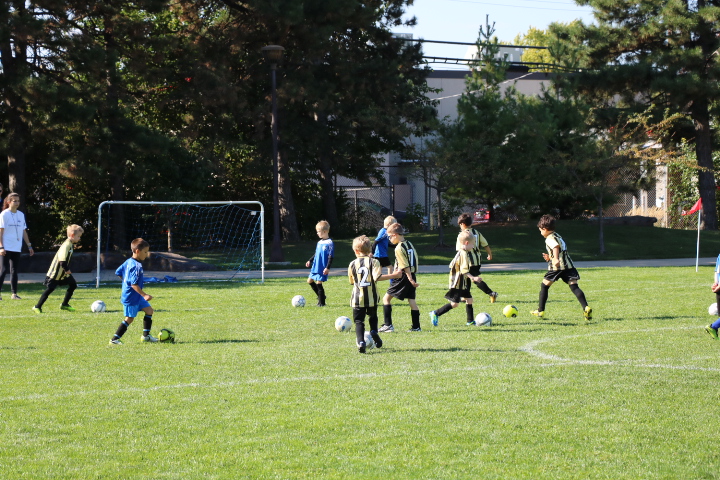 Children in soccer uniforms practice on a grassy field with a soccer goal.