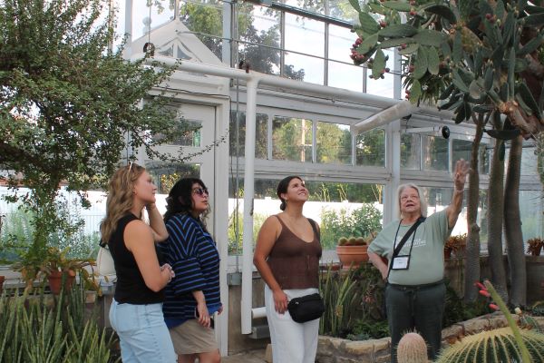 a tour guide gestures up as three women look at a prickly pear plant